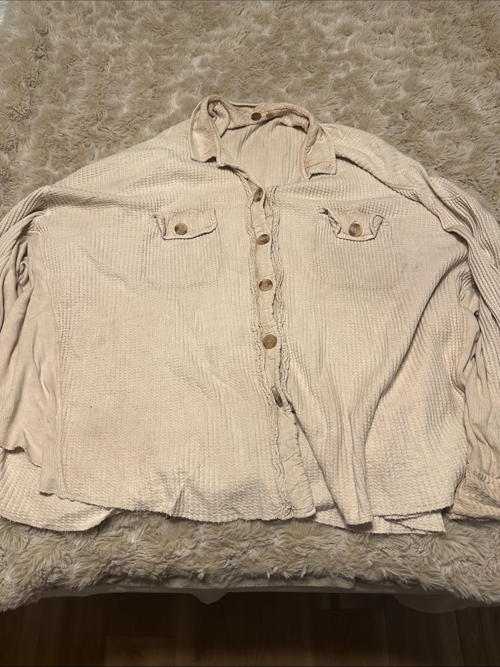 Free People Light Cream Button-Front Waffle Knit Shirt Jacket